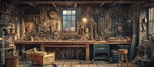 A rustic workshop filled with various tools and materials 