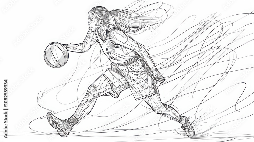 Continuous single one line drawing of basketball woman player. Continuous single one line drawing of basketball woman player.