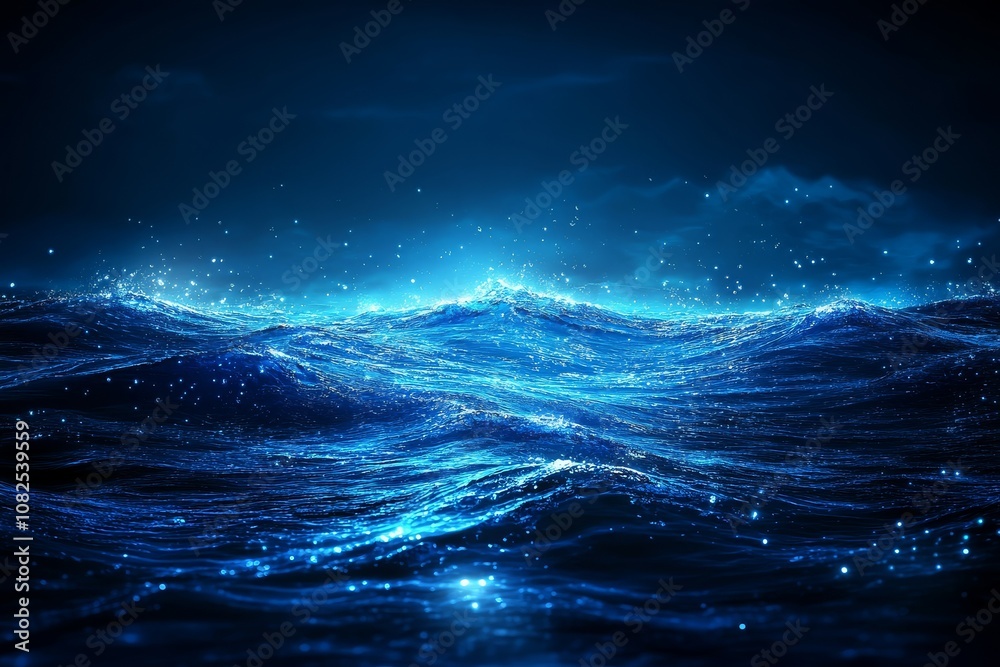 Fototapeta premium Abstract blue background with glowing particles, dots, and bokeh lights on dark ocean water surface, underwater scene with blue glow effect, vector illustration.
