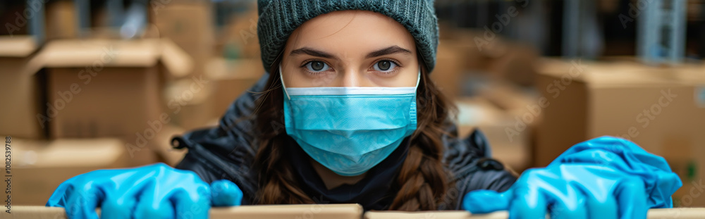 Female Worker with Protective Mask and Gloves Sorting Boxes in Warehouse Female Worker with Protective Mask and Gloves Sorting Boxes in Warehouse