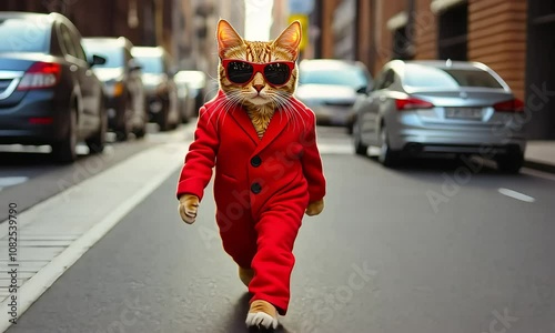 Cool Cat in Red Suit and Sunglasses with ai generated.
