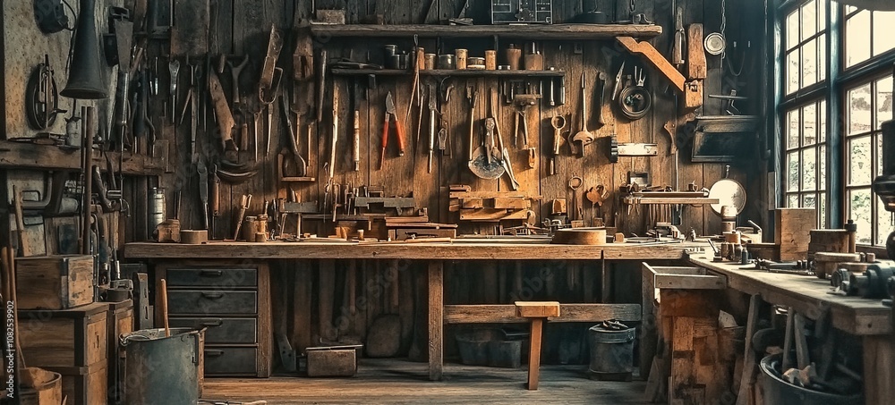 A rustic workshop filled with various tools and materials A rustic workshop filled with various tools and materials