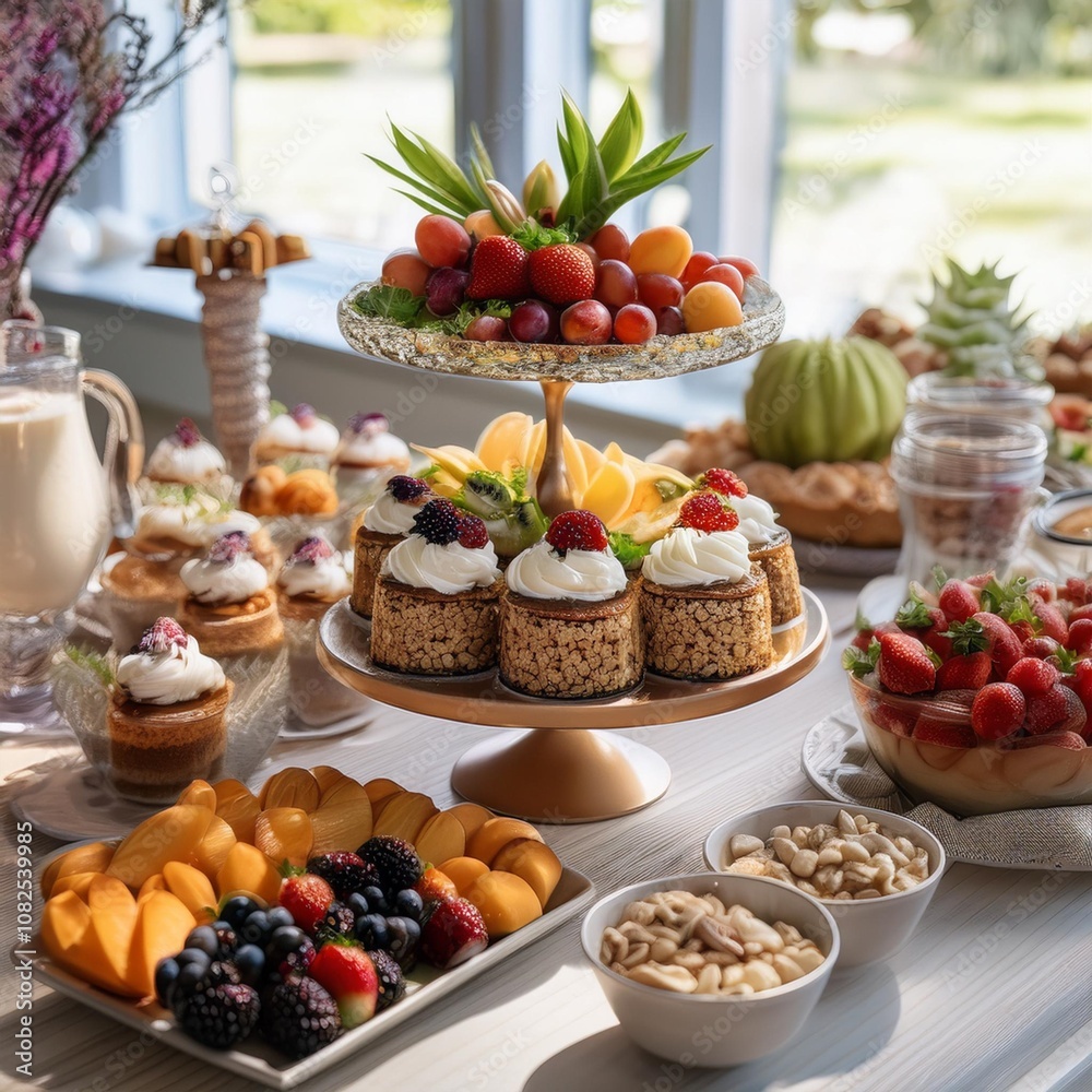 Elegant Dessert Table Featuring a Variety of Vegan and Gluten-Free Baked Goods, Fresh Fruits, and Whipped Coconut Cream Garnishes for a Healthy Sweet Treat Elegant Dessert Table Featuring a Variety of Vegan and Gluten-Free Baked Goods, Fresh Fruits, and Whipped Coconut Cream Garnishes for a Healthy Sweet Treat