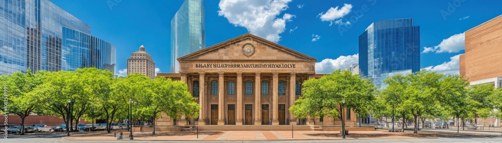 A historic building with columns surrounded by modern skyscrapers and greenery. A historic building with columns surrounded by modern skyscrapers and greenery.