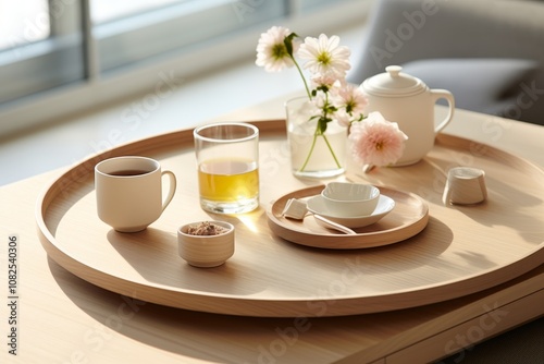 Elegant minimalist tea ceremony with pastel tea set surrounded by nature and soft lighting