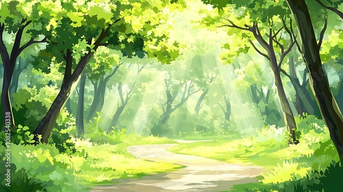 A serene forest scene with sunlight filtering through lush green trees along a winding path.