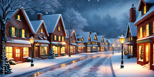 Snowfall in a Cozy Town Scene photo