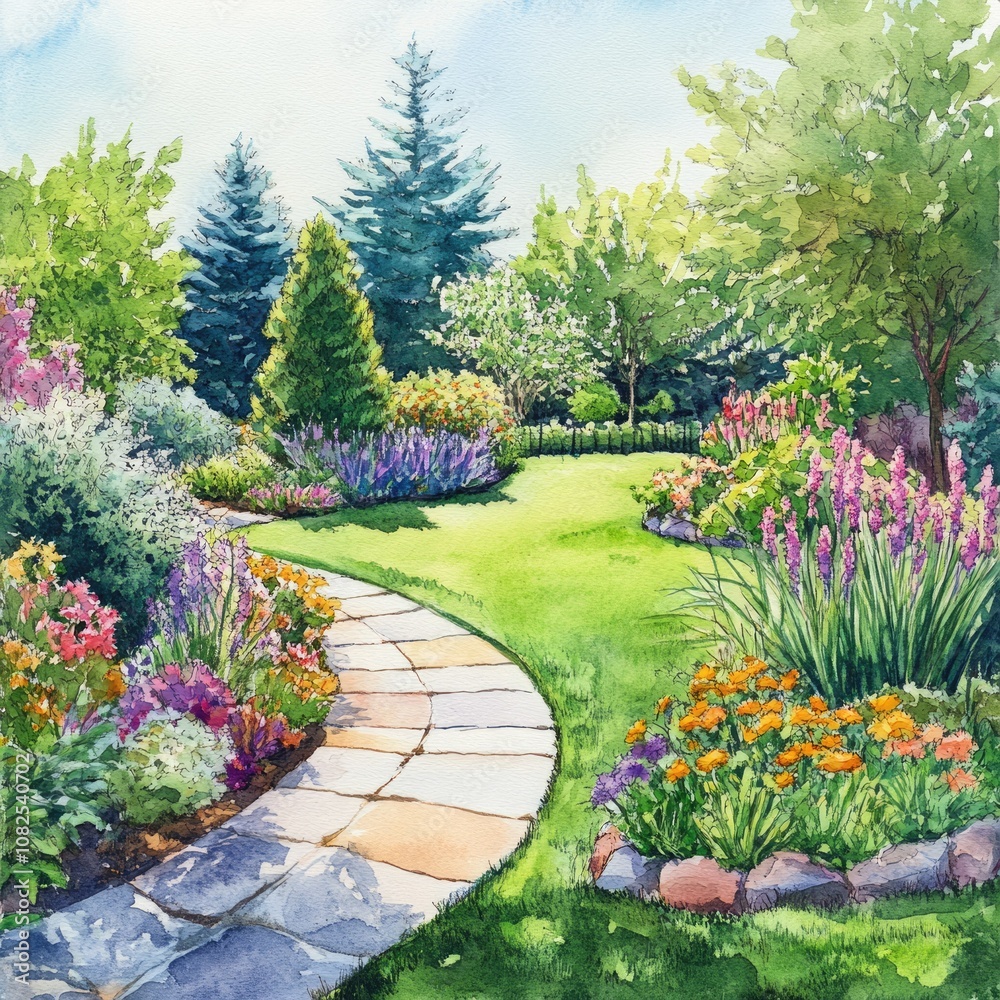 Obraz premium Botanical Oasis: Watercolor Garden with Lush Green Plants and Peaceful Ambiance