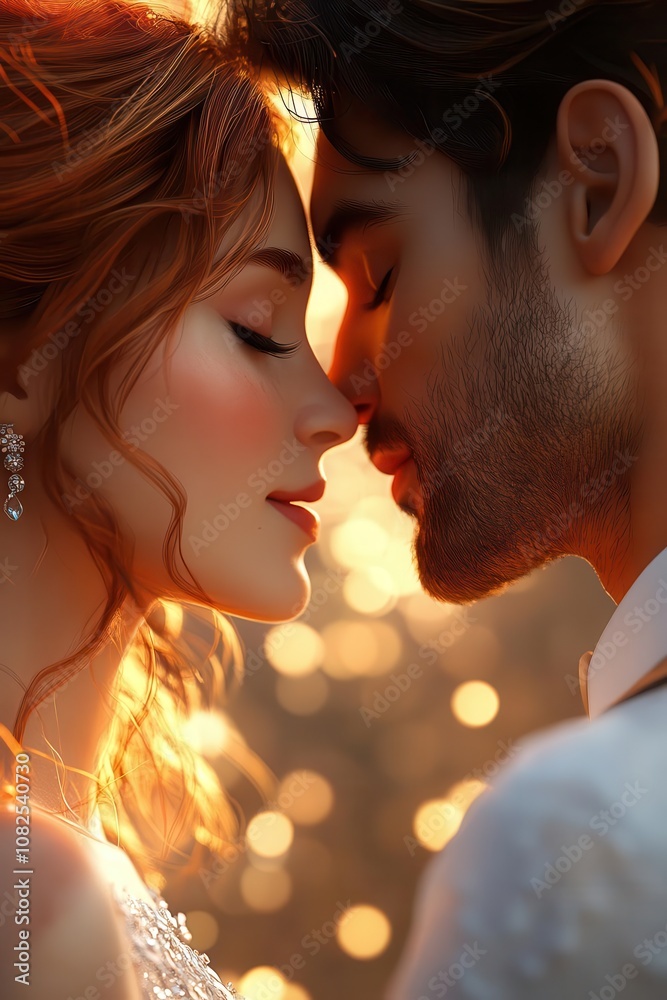 Wedding couple sharing a kiss, soft bokeh background, 3D illustration Wedding couple sharing a kiss, soft bokeh background, 3D illustration