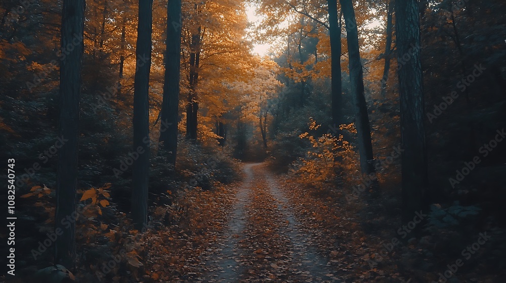 Fototapeta premium A serene forest path adorned with autumn foliage, inviting exploration and reflection.