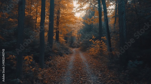 A serene forest path adorned with autumn foliage, inviting exploration and reflection.