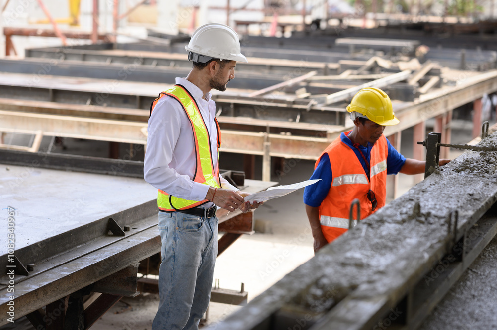 Young engineer is inspecting the work in the factory, the work of the plasterers on the construction site and the work of pouring cement. Young engineer is inspecting the work in the factory, the work of the plasterers on the construction site and the work of pouring cement.