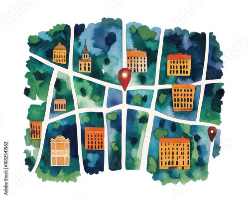 Watercolor city map with buildings and locations marked, isolated on white background.