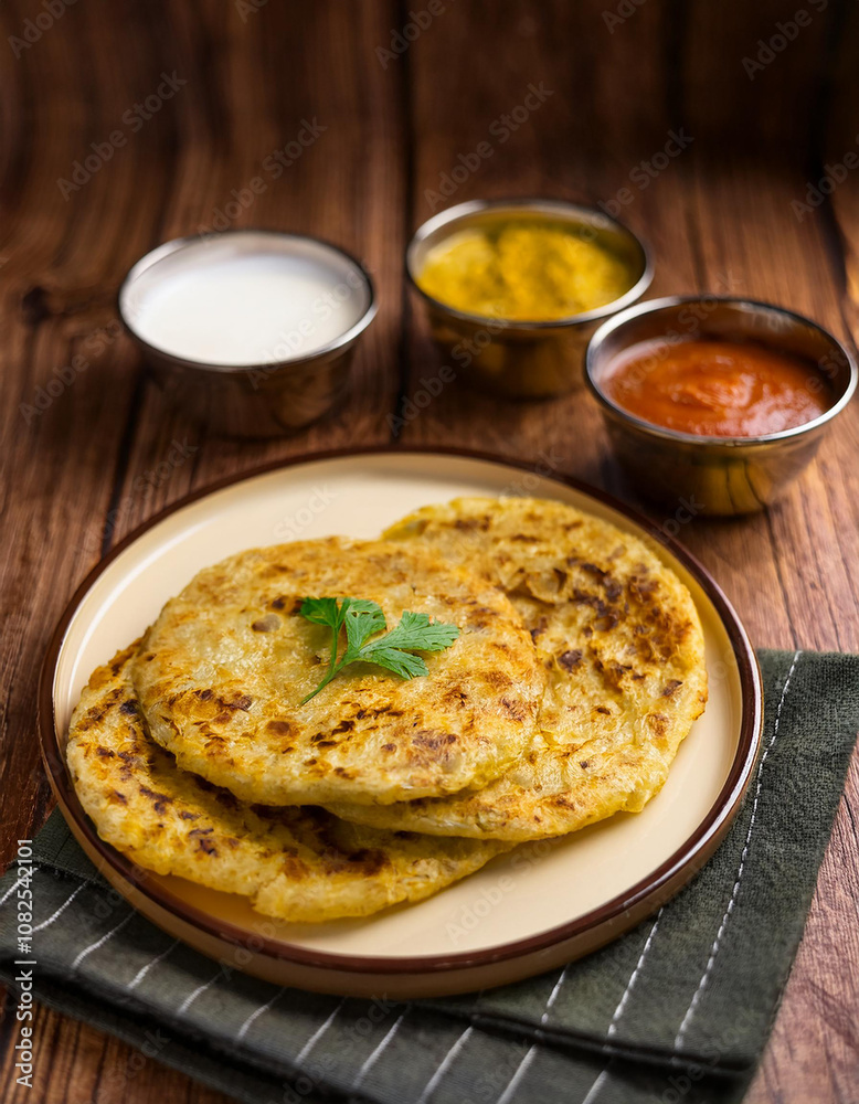Delicious aloo paratha served with sauces on wooden table. Tasty food. Delicious snack. Close-up. Delicious aloo paratha served with sauces on wooden table. Tasty food. Delicious snack. Close-up.