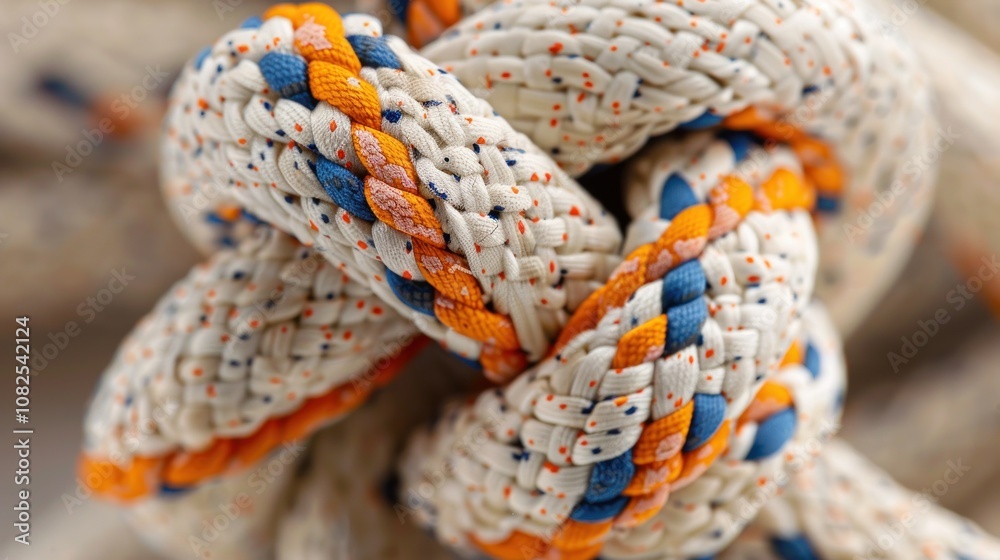 A close-up shot of a white rope with orange and blue accents tied in a knot.