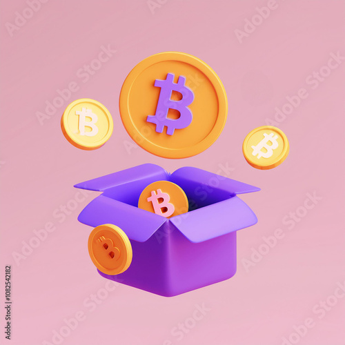 A vibrant 3D illustration of coins and a box representing cryptocurrency investment.