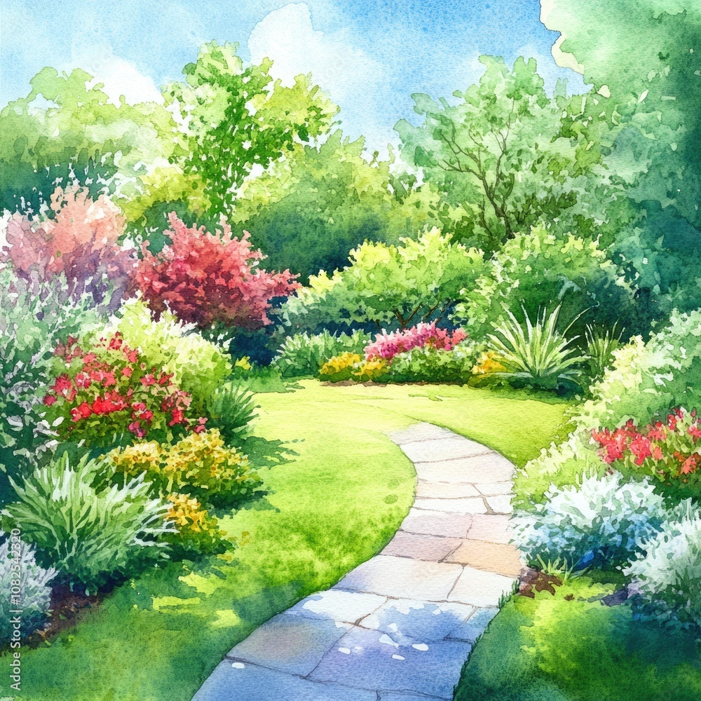 Obraz premium Hand-painted Watercolor Garden Landscape Design with Lush Plants and Flowers