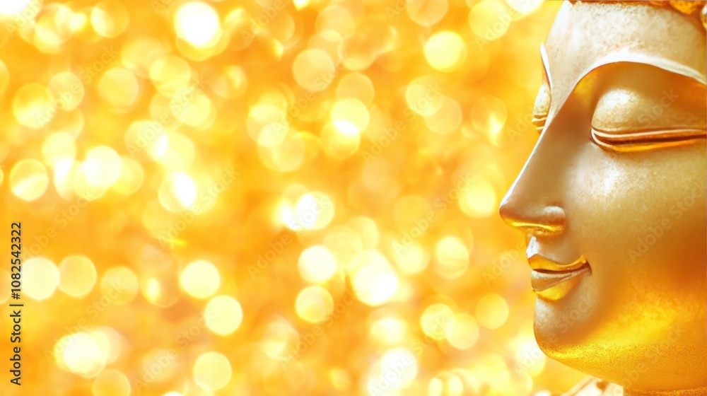 A serene golden Buddha statue against a shimmering golden background. A serene golden Buddha statue against a shimmering golden background.