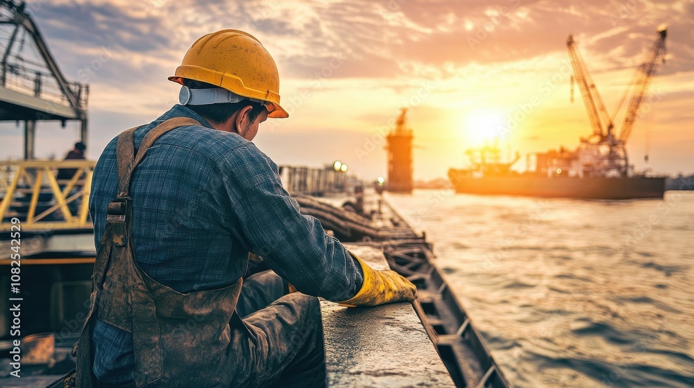 Worker Inspecting Metal Welds in Shipyard at Sunset Worker Inspecting Metal Welds in Shipyard at Sunset