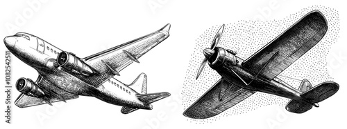 Illustration of a passenger plane taking off. Retro raster illustration in comic book style.