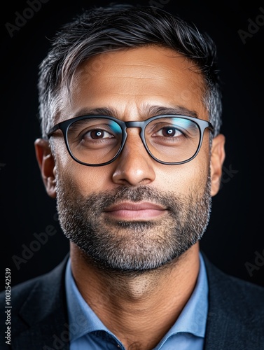 Portrait of a young Indian man with a beard with a thoughtful expression, soft studio lighting on a dark background