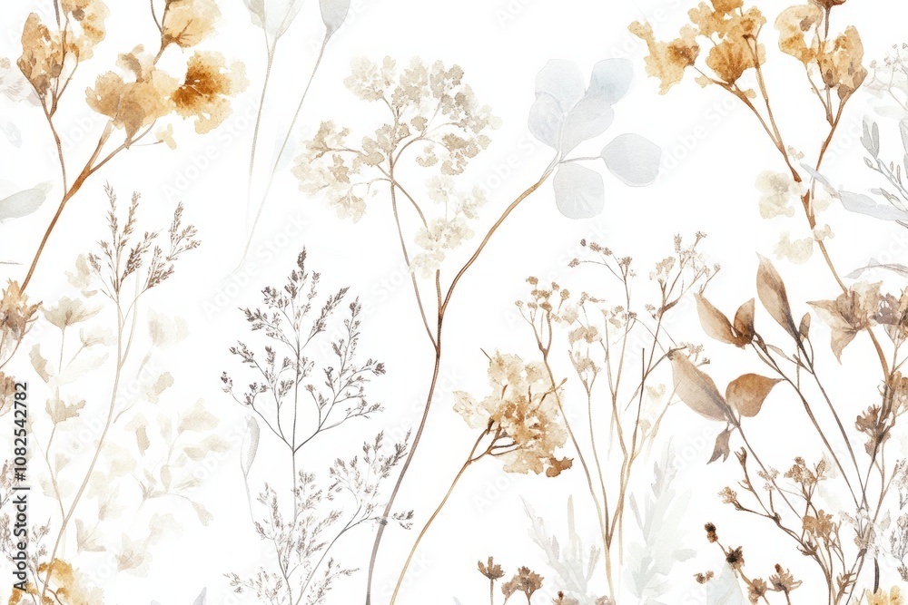 Seamless winter pattern of dried wildflowers, boho design, soft beige and icy tones, watercolor, isolated on white background Seamless winter pattern of dried wildflowers, boho design, soft beige and icy tones, watercolor, isolated on white background