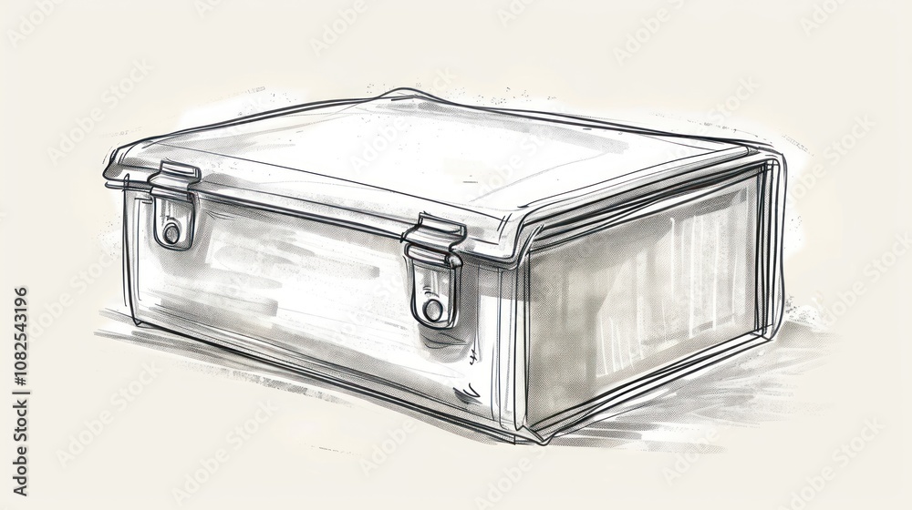 A hand-drawn sketch of a closed metal box with two clasps, set on a light background.