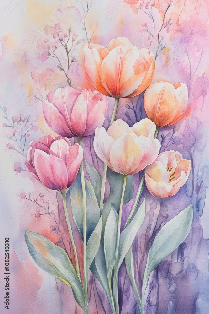 Obraz premium Romantic Spring Blossom. Watercolor Tulip and Flower Border on White Background