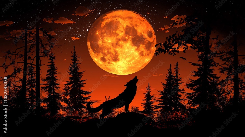 A wolf howls at the full moon in a dark, shadowy forest. A wolf howls at the full moon in a dark, shadowy forest.