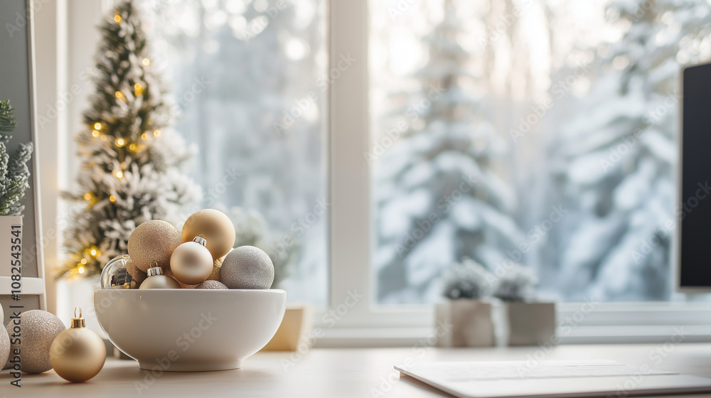Stylish home office setup with Christmas-themed items Stylish home office setup with Christmas-themed items