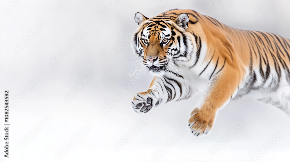 Obraz premium Tiger Leaping in Motion Against a White Background