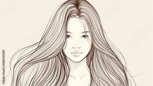 A line drawing of a young woman with long flowing hair.