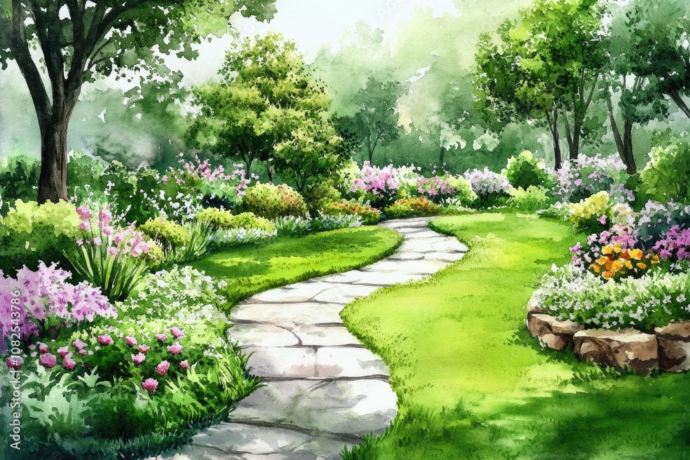 Fototapeta premium Tranquil Garden Oasis: Watercolor Landscape Design with Lush Floral Blooms and Peaceful Walking Path