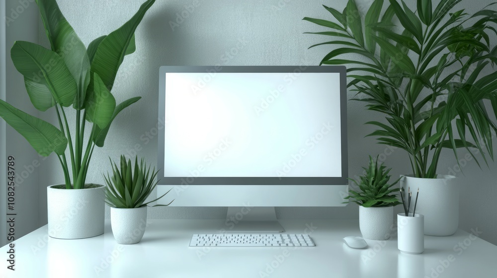 A modern home office or private office with a white-screen computer mockup on a table A modern home office or private office with a white-screen computer mockup on a table