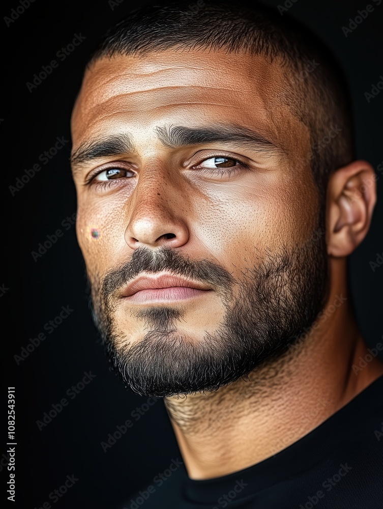 Fototapeta premium Portrait of a young Iraqi man with a beard with a thoughtful expression, soft studio lighting on a dark background