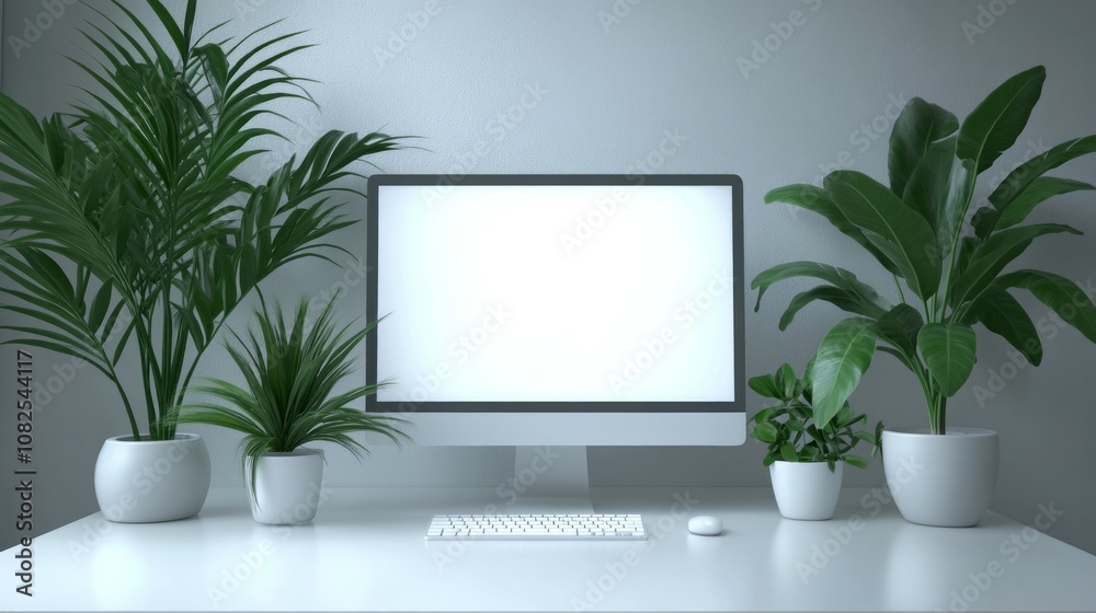 A modern home office or private office with a white-screen computer mockup on a table A modern home office or private office with a white-screen computer mockup on a table