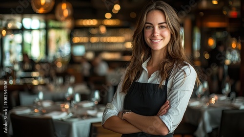 A confident female restaurateur overseeing a busy evening service in a stylish dining space Her professional yet approachable demeanor ensures smooth operations A sophisticated portrayal of 
