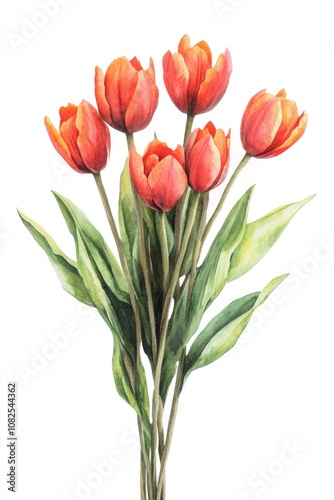 Vibrant Red Tulips Bouquet. Hand Drawn Watercolor Illustration, Isolated on White Background