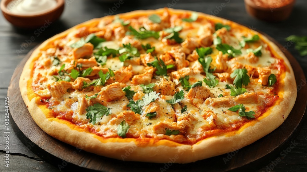 Delicious Chicken Pizza with Fresh Herbs and Cheesy Toppings Delicious Chicken Pizza with Fresh Herbs and Cheesy Toppings