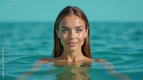 A woman swims in the clear ocean, her head above the water