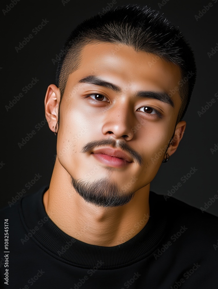 Obraz premium Portrait of a young Kazakh man with a beard with a thoughtful expression, soft studio lighting on a dark background
