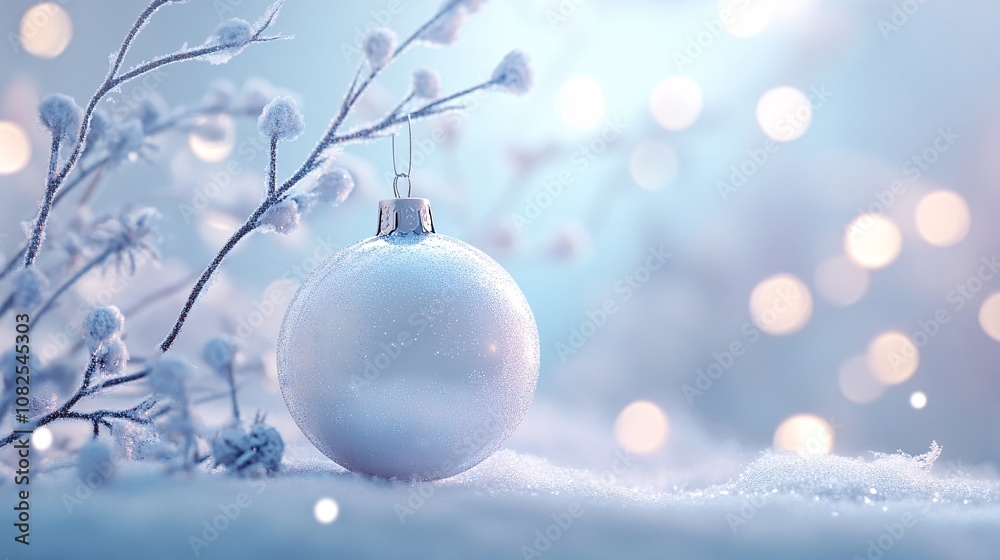Christmas decoration hanging on frozen branch with snow and bokeh lights Christmas decoration hanging on frozen branch with snow and bokeh lights