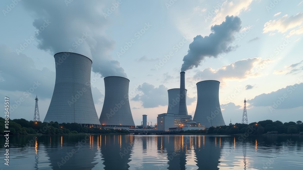 A view of a nuclear power plant operating at full power, releasing tons of cubic meters of steam into the atmosphere A view of a nuclear power plant operating at full power, releasing tons of cubic meters of steam into the atmosphere
