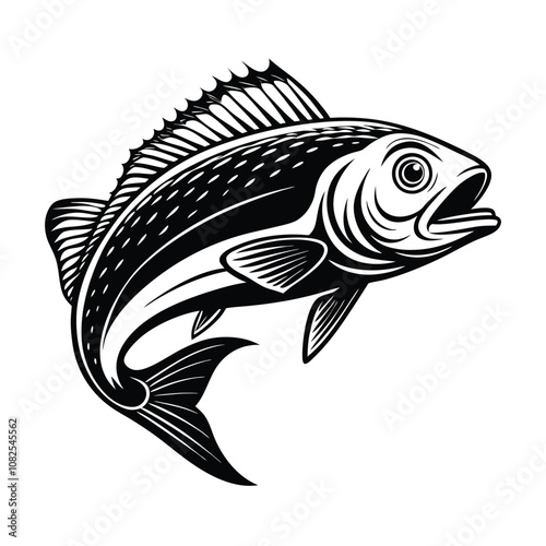 dolphin (mahi-mahi fish) fish design, labeled linocut vector silhouette illustration.