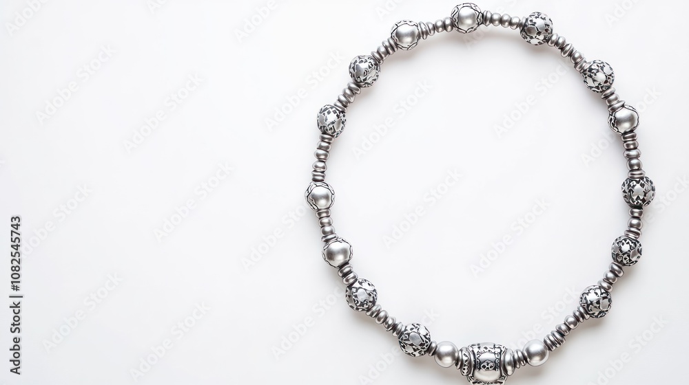 A silver beaded necklace displayed on a white background. A silver beaded necklace displayed on a white background.