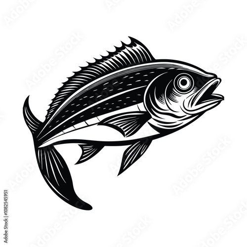 dolphin (mahi-mahi fish) fish design, labeled linocut vector silhouette illustration.