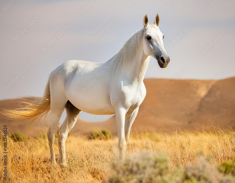 White horse standing in a field of tall grass. Arabian horse breed looking to the right. The grass is brown and dry White horse standing in a field of tall grass. Arabian horse breed looking to the right. The grass is brown and dry