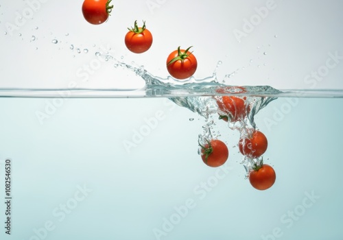 Fresh tomatoes splashing into water capturing motion and freshness photo