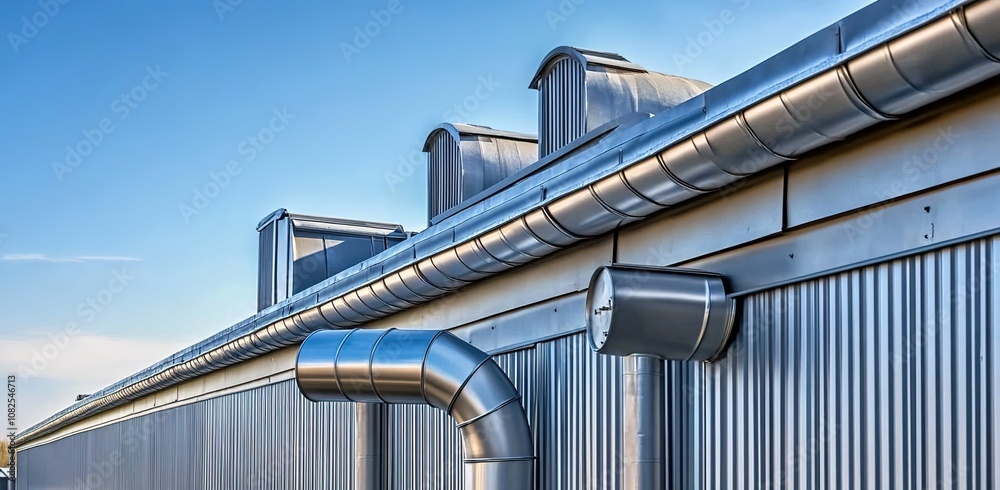 Naklejka premium A photo of the exterior wall and roof of an industrial building with stainless steel pipes used for a guardrail. 