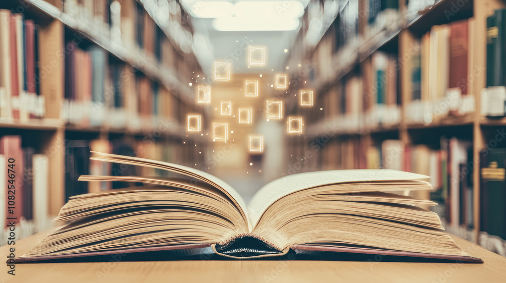 Fototapeta premium Open book with floating ideas in library, symbolizing knowledge and imagination. scene captures essence of learning and creativity